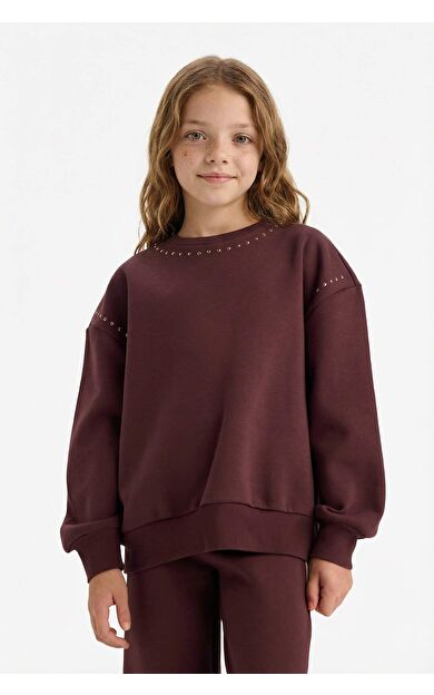 Kız Çocuk Overshirt Fit Taşlı İçi Yumuşak Tüylü Kalın Sweatshirt Kumaşı Sweatshirt