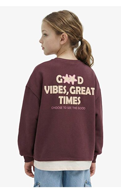 Kız Çocuk Overshirt Fit Slogan Baskılı İçi Yumuşak Tüylü Kalın Sweatshirt Kumaşı Sweatshirt