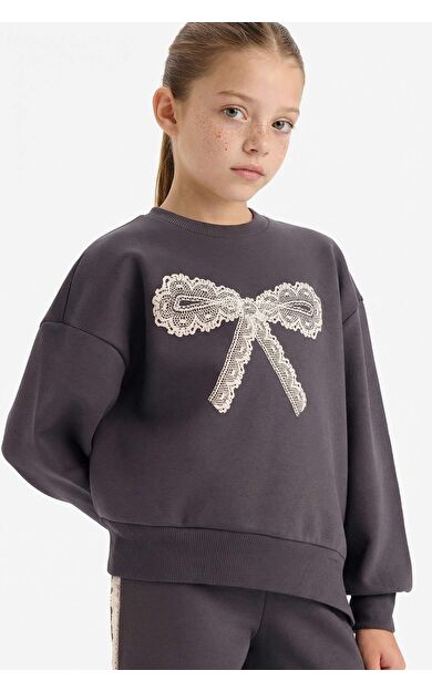 Kız Çocuk Overshirt Fit Kalp Desenli İçi Yumuşak Tüylü Kalın Sweatshirt Kumaşı Sweatshirt