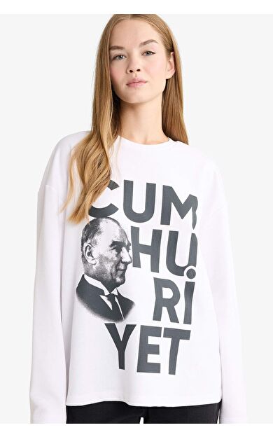 Coool 29 Ekim Cumhuriyet Bayramı Oversize Geniş Kalıp Bisiklet Yaka Atatürk Baskılı Kalın Uzun Kollu Tişört