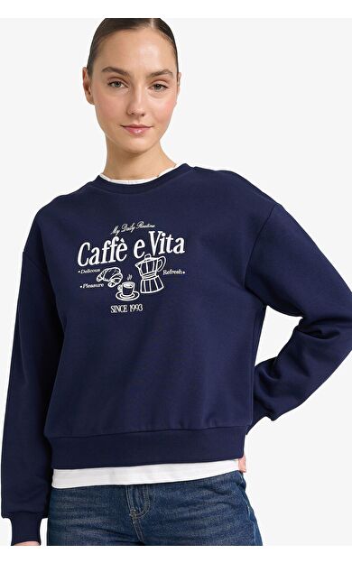 DeFacto Relax Fit Bisiklet Yaka Slogan Baskılı Kalın Sweatshirt Kumaşı Sweatshirt