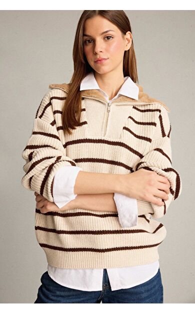 DeFacto Overshirt Fit Balıkçı Yaka Yarım Fermuarlı Çizgili Pamuklu Triko Kazak