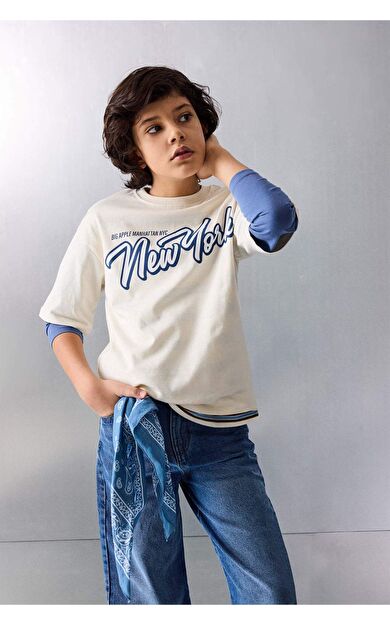 Erkek Çocuk Oversize Geniş Kalıp Bisiklet Yaka Baskılı Uzun Kollu Tişört