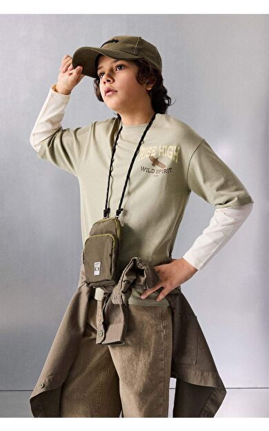 Erkek Çocuk Oversize Geniş Kalıp Bisiklet Yaka Hayvan Desenli Uzun Kollu Tişört