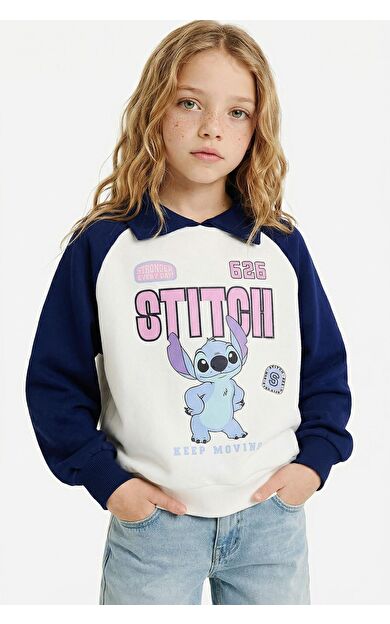 DeFacto Kız Çocuk Disney Lilo & Stitch Oversize Geniş Kalıp Polo Yaka İçi Yumuşak Tüylü Sweatshirt
