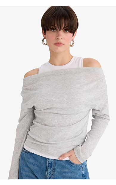 DeFacto Slim Fit Dar Kesim Tek Omuzlu Ribana Uzun Kollu Tişört