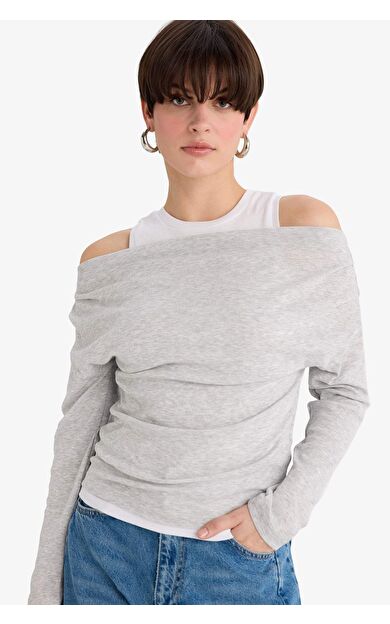 Slim Fit Dar Kesim Tek Omuzlu Ribana Uzun Kollu Tişört