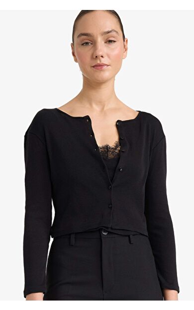 Slim Fit Dar Kesim V Yaka Ribana Uzun Kollu Tişört