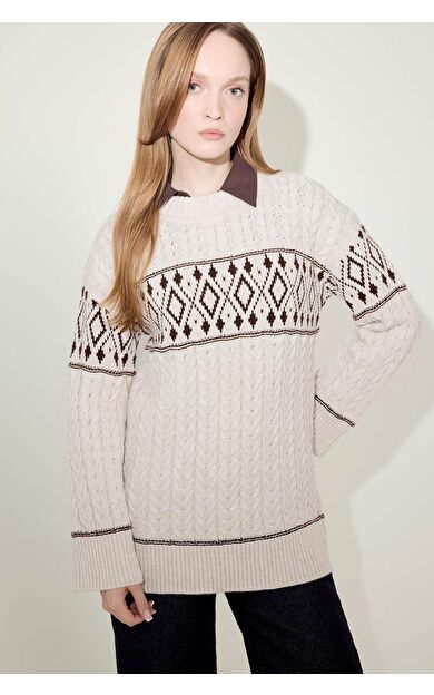 DeFacto Regular Fit Bisiklet Yaka Desenl Triko Kazak Tunik