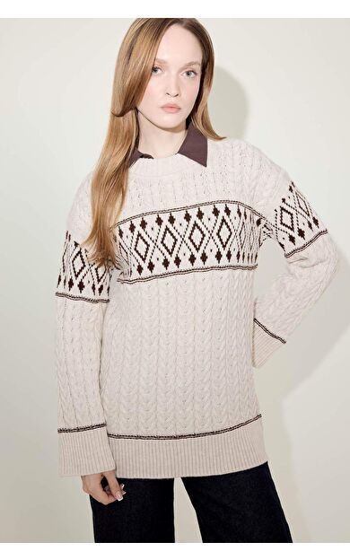 Regular Fit Bisiklet Yaka Desenl Triko Kazak Tunik