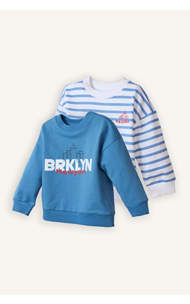 DeFacto Erkek Bebek Oversize Geniş Kalıp Bisiklet Yaka Desenli Sweatshirt Kumaşı 2'li Sweatshirt