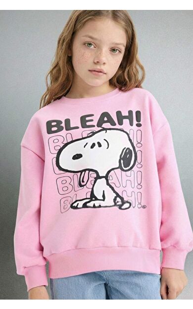 Kız Çocuk Snoopy Oversize Geniş Kalıp Bisiklet Yaka İçi Yumuşak Tüylü Sweatshirt
