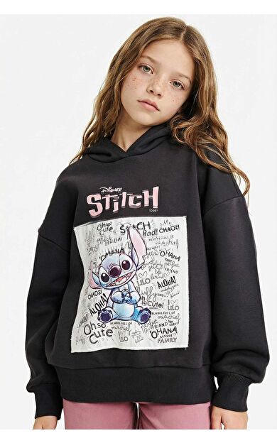 Kız Çocuk Disney Lilo & Stitch Oversize Geniş Kalıp Kapüşonlu İçi Yumuşak Tüylü Sweatshirt