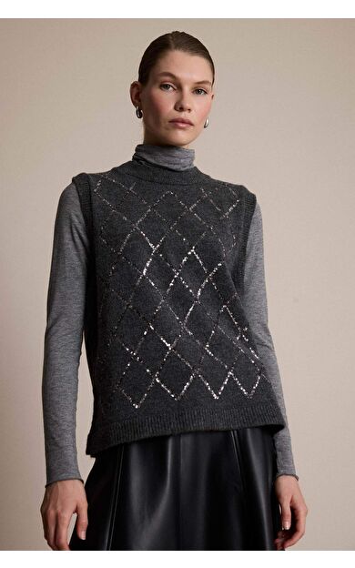 Regular Fit Bisiklet Yaka Nakışlı Triko Yelek