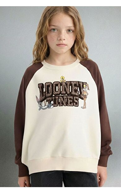 DeFacto Kız Çocuk Looney Tunes Oversize Geniş Kalıp Bisiklet Yaka Sweatshirt