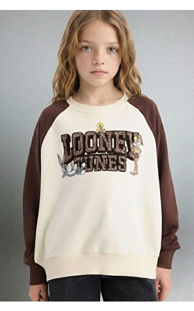 Kız Çocuk Looney Tunes Oversize Geniş Kalıp Bisiklet Yaka Sweatshirt