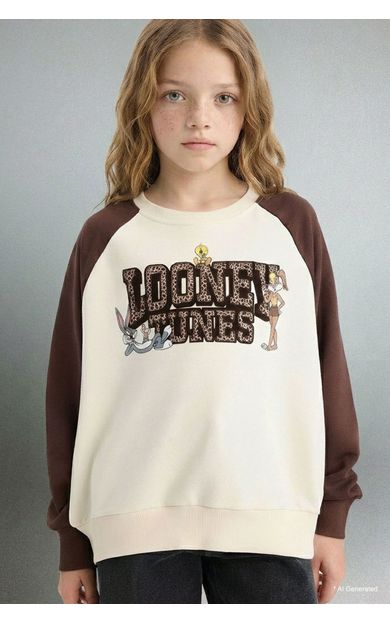DeFacto Kız Çocuk Looney Tunes Oversize Geniş Kalıp Bisiklet Yaka Sweatshirt