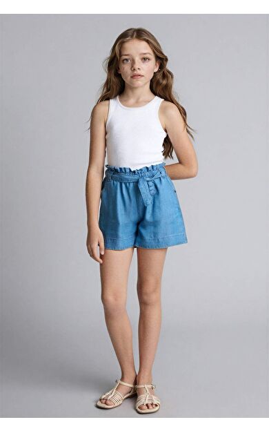 DeFacto Beli Bağcıklı Mavi Denim Şort Kız Çocuk