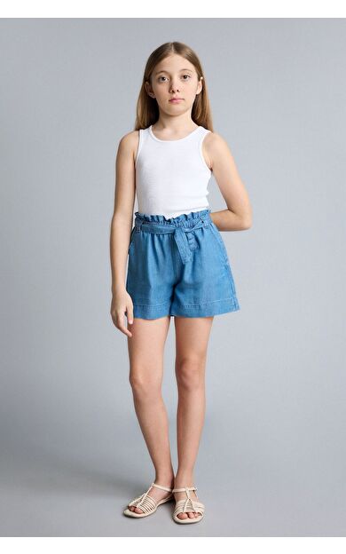 DeFacto Beli Bağcıklı Mavi Denim Şort Kız Çocuk
