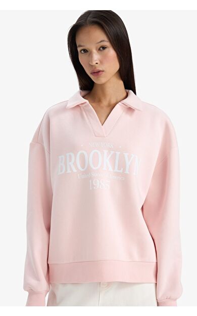 DeFacto Relax Fit Polo Yaka Baskılı Kalın Sweatshirt