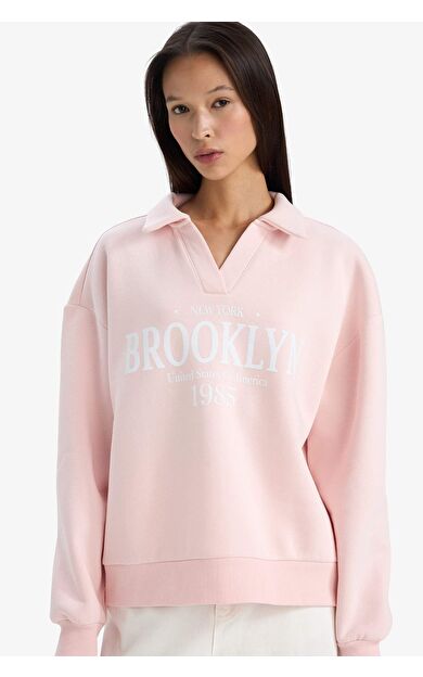 Relax Fit Polo Yaka Baskılı Kalın Sweatshirt