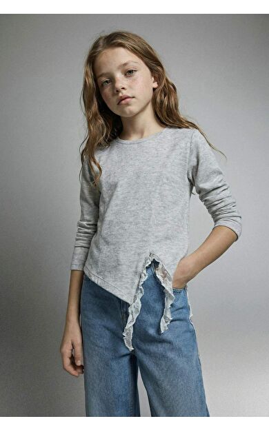 Kız Çocuk Slim Fit Dar Kesim Dantel Detaylı Fitilli Kaşkorse Uzun Kollu Tişört