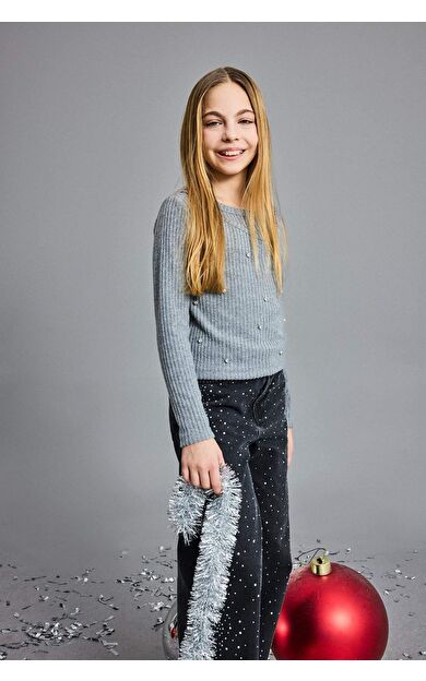 Kız Çocuk Yılbaşı Temalı Slim Fit Dar Kesim Taşlı Fitilli Kaşkorse Uzun Kollu Tişört