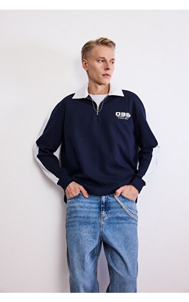 DeFacto Boxy Fit Polo Yaka Slogan Baskılı Sweatshirt