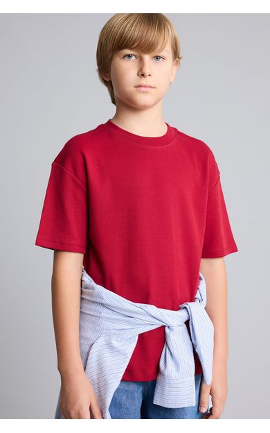 DeFacto %100 Pamuk Oversize Bisiklet Yaka Kısa Kollu Basic Tişört Erkek Çocuk Bordo