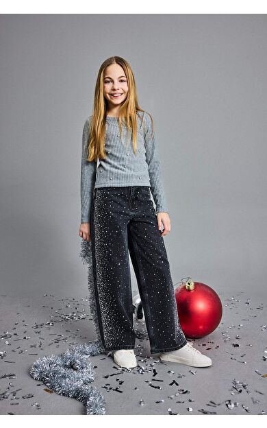 Kız Çocuk Yılbaşı Temalı Düz Paça Taşlı Jean Pantolon