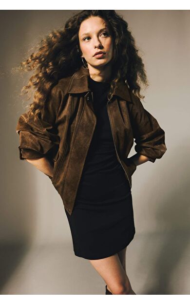 DeFacto Su Geçirmez Dad Fıt Polo Yaka Suni Deri Mont