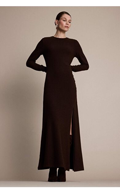 Bisiklet Yaka Yırtmaçlı Uzun Kollu Midi Elbise