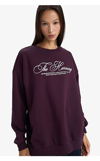 DeFacto Oversize Geniş Kalıp Bisiklet Yaka Baskılı Sweatshirt