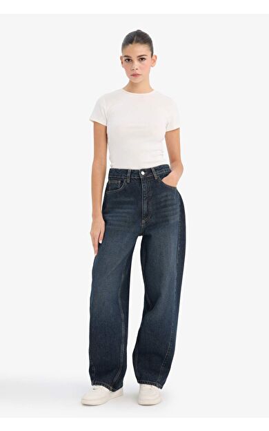 Barrel Fit Yüksek Bel Bilek Boy Jean Yıkamalı Pantolon