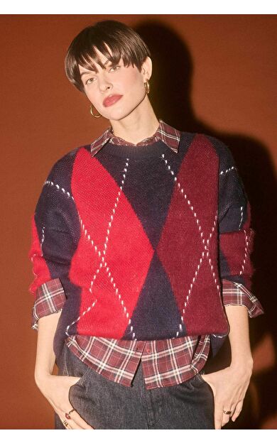 Oversize Geniş Kalıp Bisiklet Yaka Baklava Desenli Triko Kazak