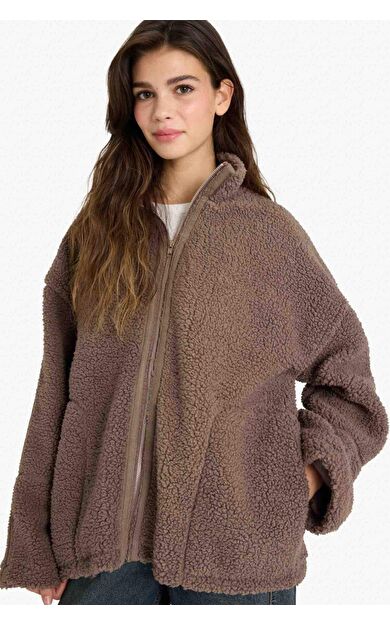 Oversize Geniş Kalıp Dik Yaka Pelüş Hırka