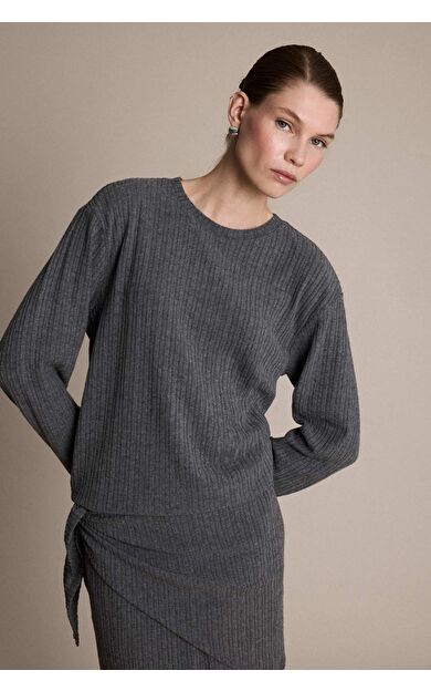 Relax Fit Bisiklet Yaka Fitilli Kaşkorse Çizgili Uzun Kollu Tişört