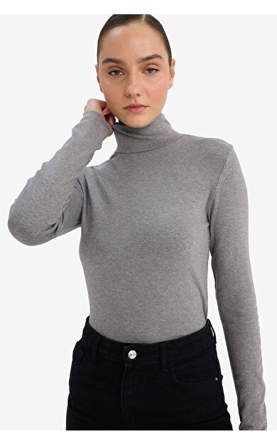 Slim Fit Dar Kesim Yarım Balıkçı Yaka Ribana Uzun Kollu Tişört