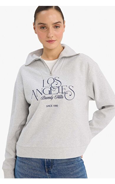 DeFacto Regular Fit Yarım Fermuarlı Baskılı Sweatshirt