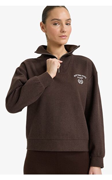 DeFacto Regular Fit Yarım Fermuarlı Baskılı Sweatshirt