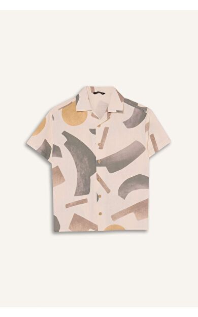 Erkek Çocuk Oversize Geniş Kalıp Polo Yaka Tropikal Desenli Baskılı Kumaş Kısa Kollu Gömlek