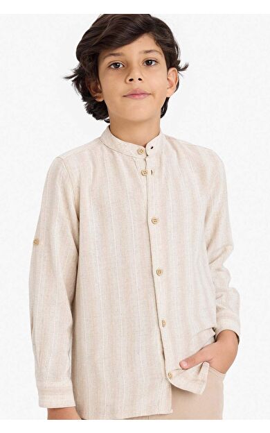 Erkek Çocuk Dik Yaka Çizgili Uzun Kollu Gömlek
