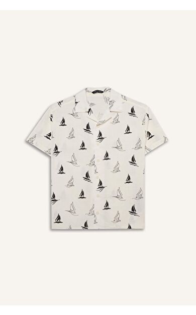 Oversıze Geniş Kalıp Polo Yaka Tropikal Desenli Baskılı Kumaş Kısa Kollu Gömlek Erkek Çocuk