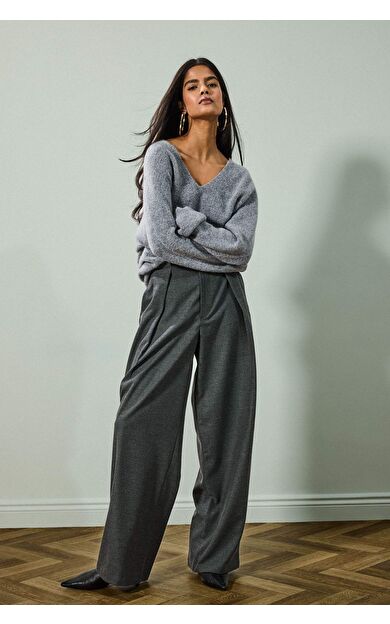 Wide Leg Çift Cepli Yüksek Bel Düz Paça Pantolon