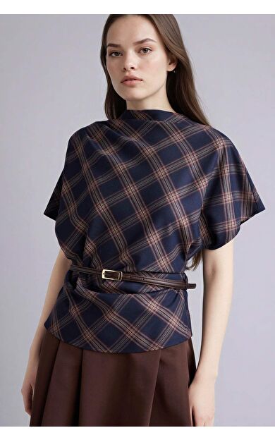 Fıtted Dik Yaka Kareli Flanel Kısa Kollu Bluz