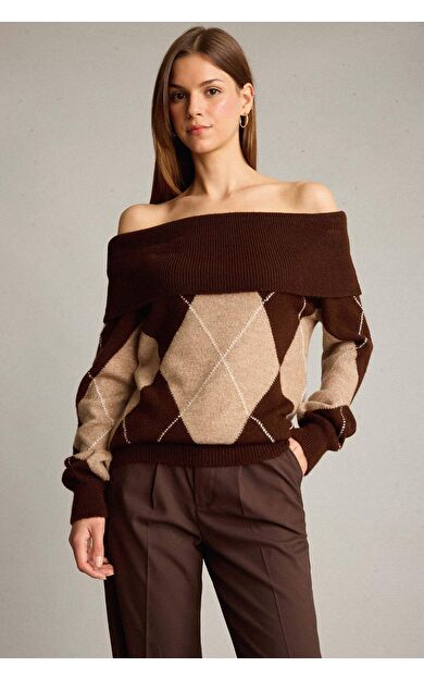 Overshirt Fit Omzu Açık Baklava Desenli Triko Kazak