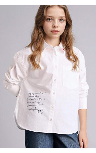 Regular Fıt Sırt Baskılı Poplin Uzun Kollu Gömlek Kız Çocuk