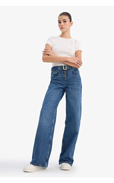 Wide Leg Yüksek Bel Uzun Jean Yıkamalı Pantolon