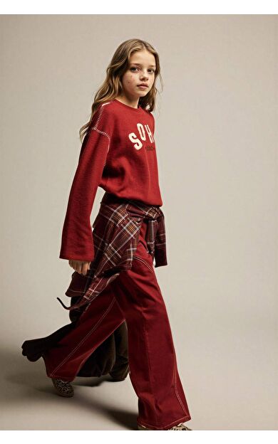 Kız Çocuk Wide Leg Fermuarlı Paça Gabardin Pantolon