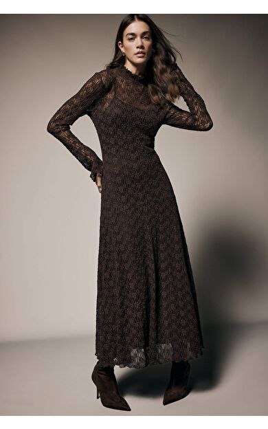 A Kesim Bisiklet Yaka Dantel Uzun Kollu Midi Elbise